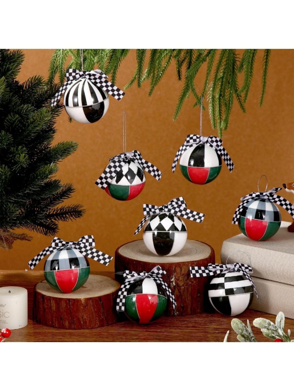 12 Pcs Black & White Checkerboard Christmas Ornaments with Bow - Holiday Decor